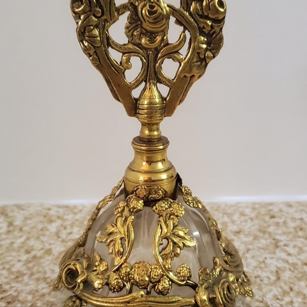Vintage Ormolou Rose Gold Filigree Perfume Bottle & Dauber 5.75" Tall